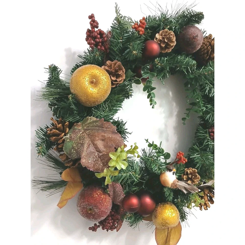 Partridge In Pear Tree Winter Door Wreath Realistic Holiday Crystal Fruit Apple